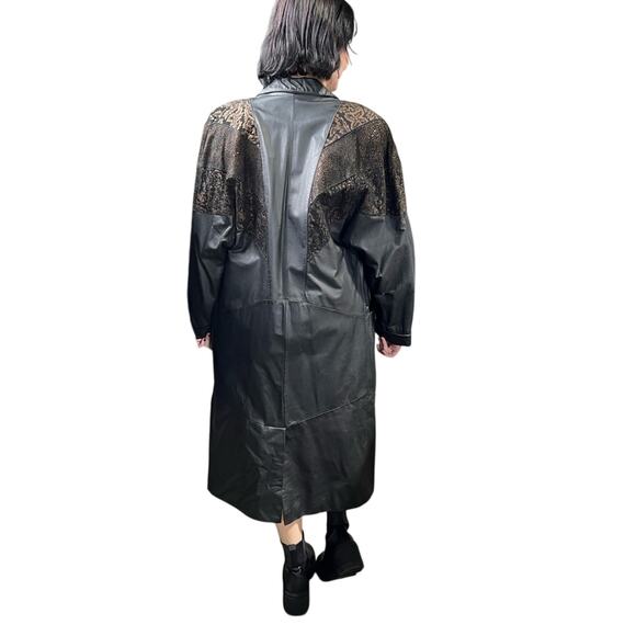 Vintage 80’s Avanti Black Leather Duster Trench Coat Copper Embossed Suede - Picture 3 of 16